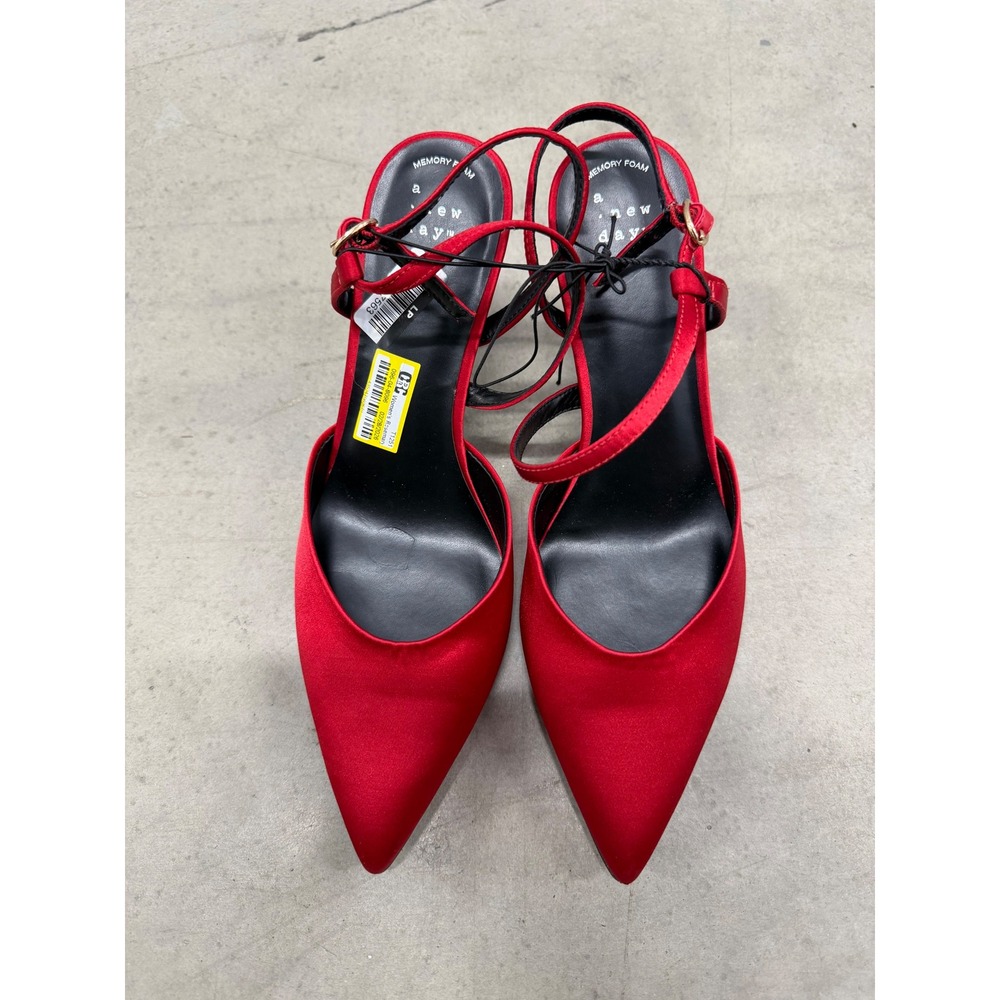 A New Day Red Satin Pointed Toe Ankle Strap Pumps Heels Memory Foam Size 9.5